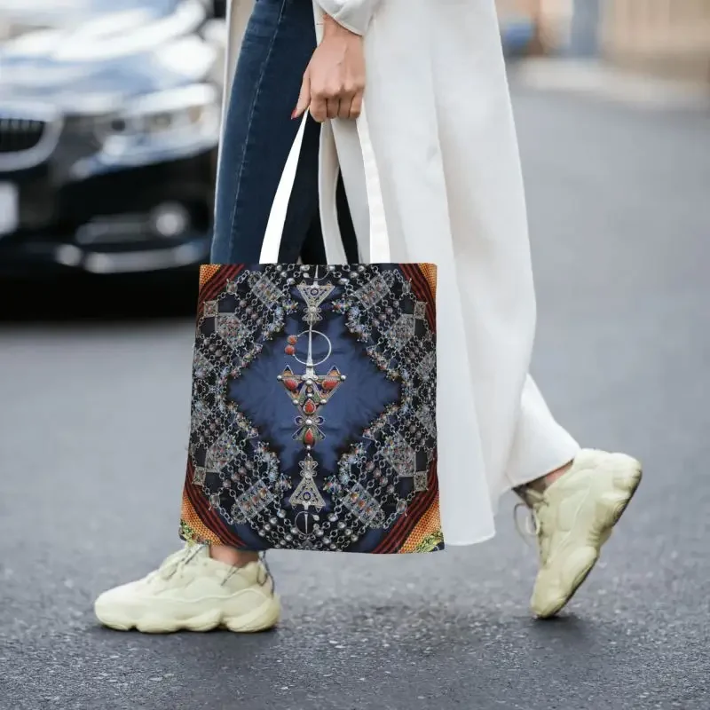 Kawaii Kabyle Jewelery Shopping Tote Bags Reusable Amazigh Algeria Dress Groceries Canvas Shoulder Shopper Bag image 4