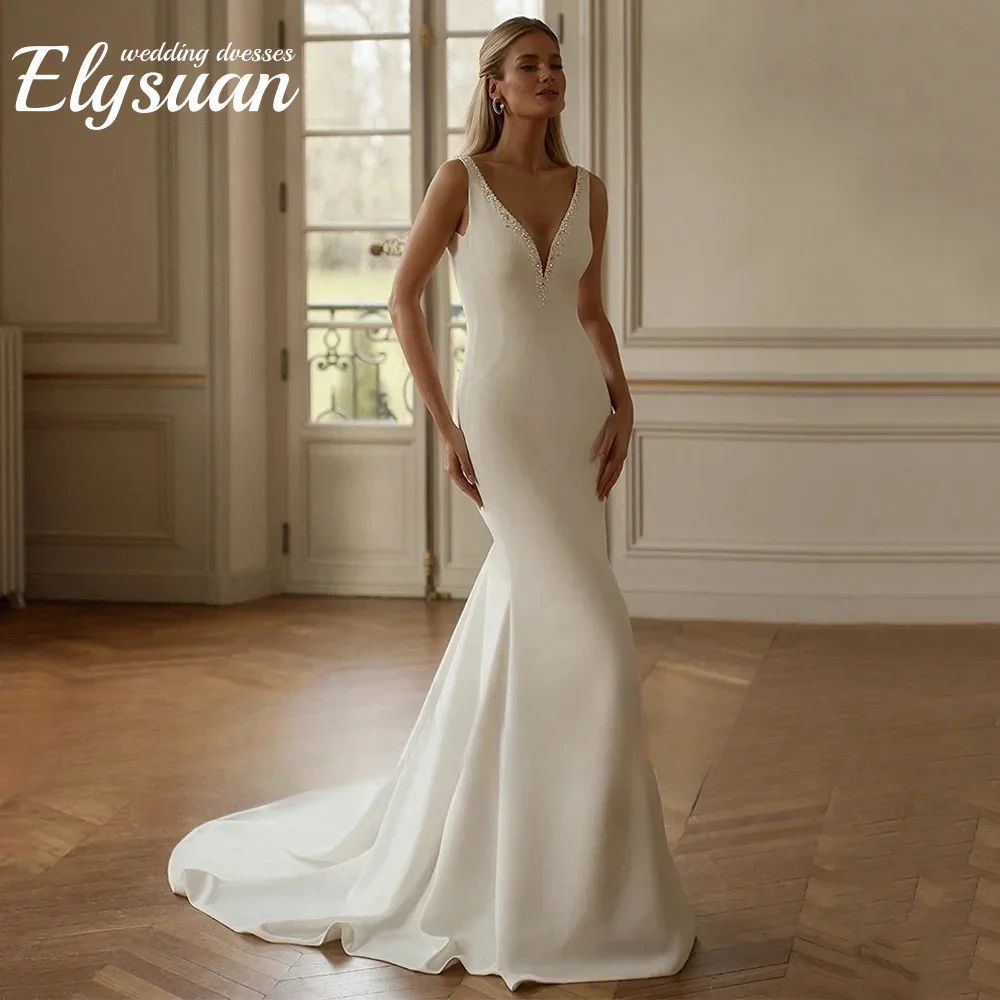 Customized  Wedding Dresses Detachable Train Deep V Neck Pearls Beading Sweep Train Backless Woman Bridal Gown