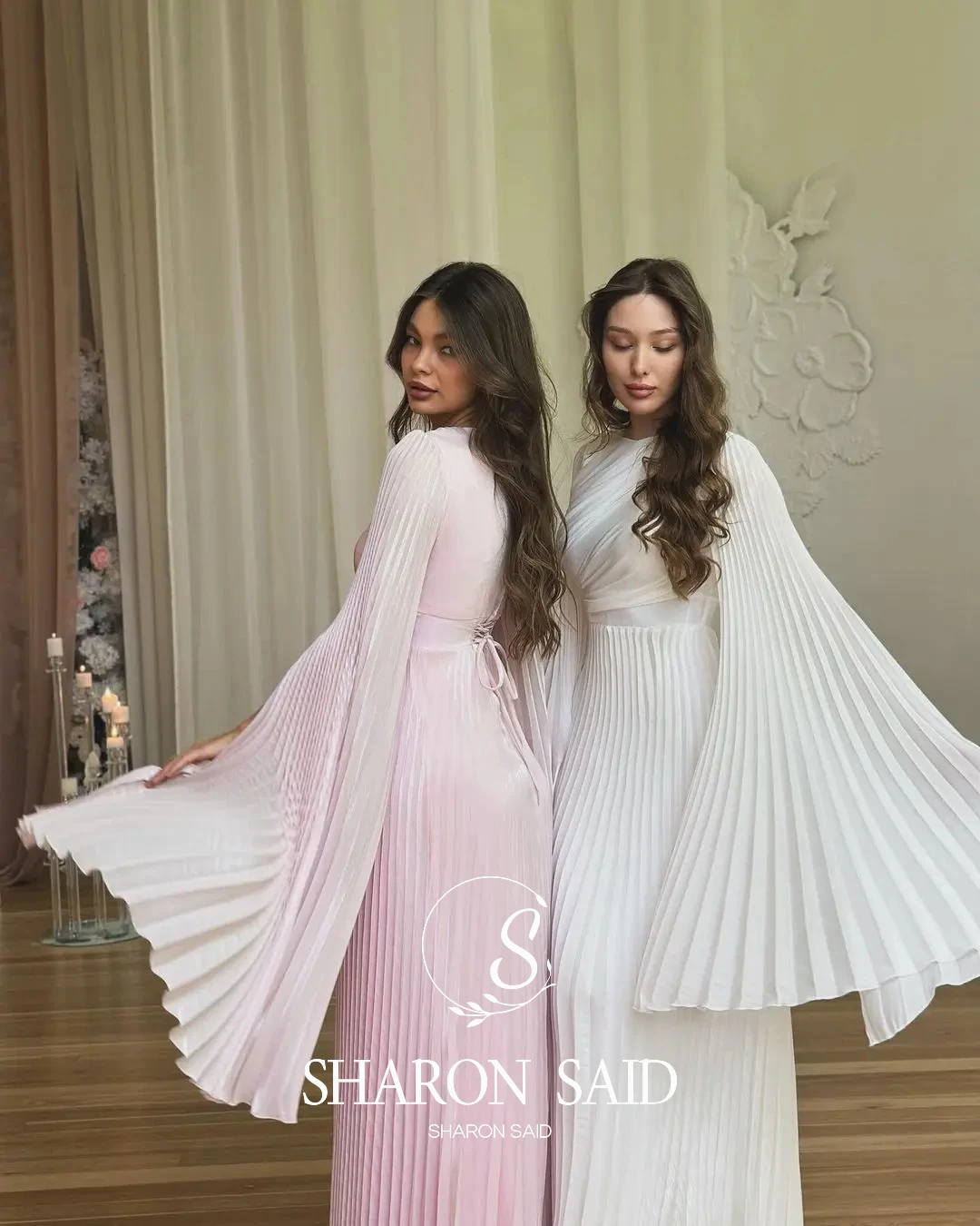 シャロンは言った-ピンクのプリーツイブニングドレス女性用,フレアスリーブ付きのカスタマイズされたドレス,結婚披露宴,プロム,ドバイ,sf070