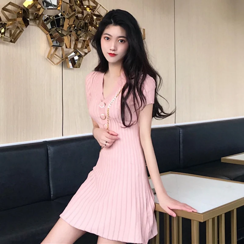 Pleated Casual Dress Buttons Slim Fit A-Line Knitted Dress Women Fashion Short Sleeve V-Neck Pleated Dress Vestido Short sleeves