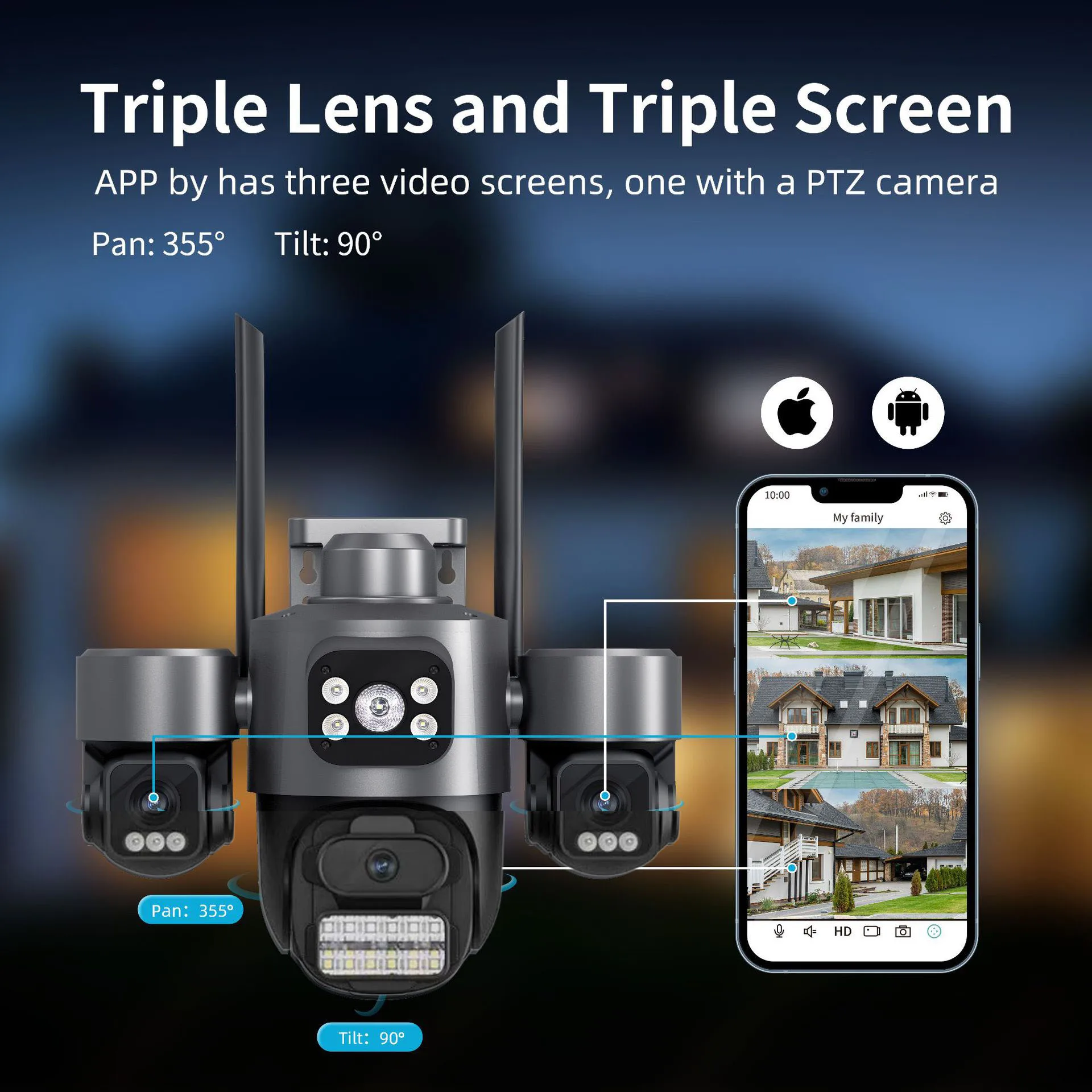 6K Security Camera Three Screens Auto Tracking WiFi IP Camera Outdoor CCTV Color Night Vision 2-Way Audio Surveillance Icsee