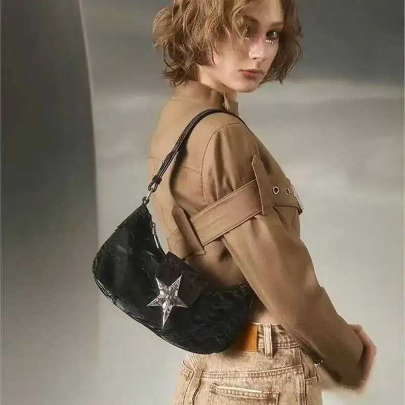 Bloom Vintage Black Y2k Handbag Women 2024 Hot Girls Fashion Star Zipper Casual Underarm Ladies Retro Hobos Bag Purse Chic