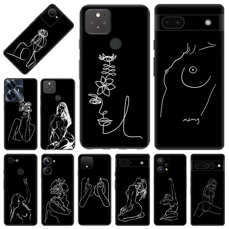 Phone Case for Pixel 8 Pro 8a 7a 6a Motorola G200 Edge 40 30 20 One Fusion Flower Sexy Girl Line Art Soft Black Anti-Drop Cover