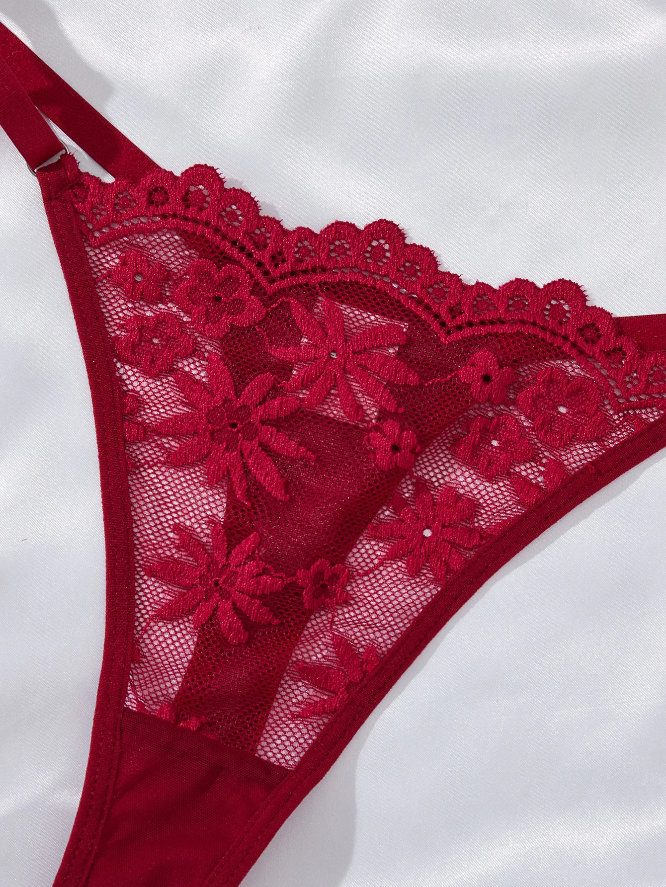 Wine Red Floral Lace Babydoll Set Women Double Strap Sheer Mesh Night Dress With Thong Romantic Ladies Sleepwear ZA825096 view 6