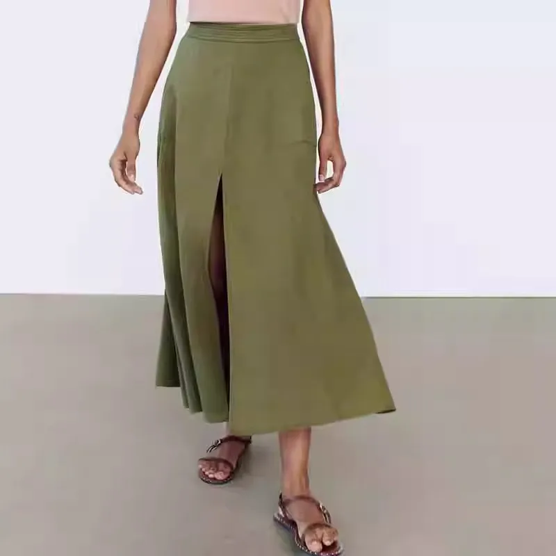 New 2024 Women's High Waist Slimming Linen Blend Cloak Midi Skirt Faionable Versatile A-Line Skirt Summer Season  Color