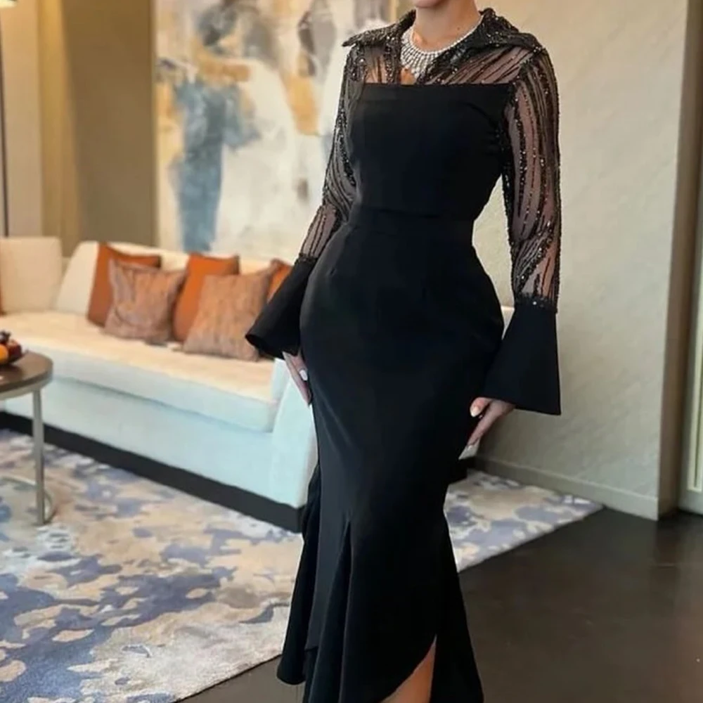 

Customized Fashion Jersey Mermaid Sequined Evening Dress V-Neck Side Slit Long Sleeves Floor Length Black Vestidos de fiesta