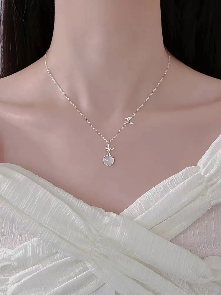 925 Silver Plated Opal Butterfly Pendant Necklace with Diamond Accented O-Chain for Women • Fashion OL Style Collarbone Jewelry