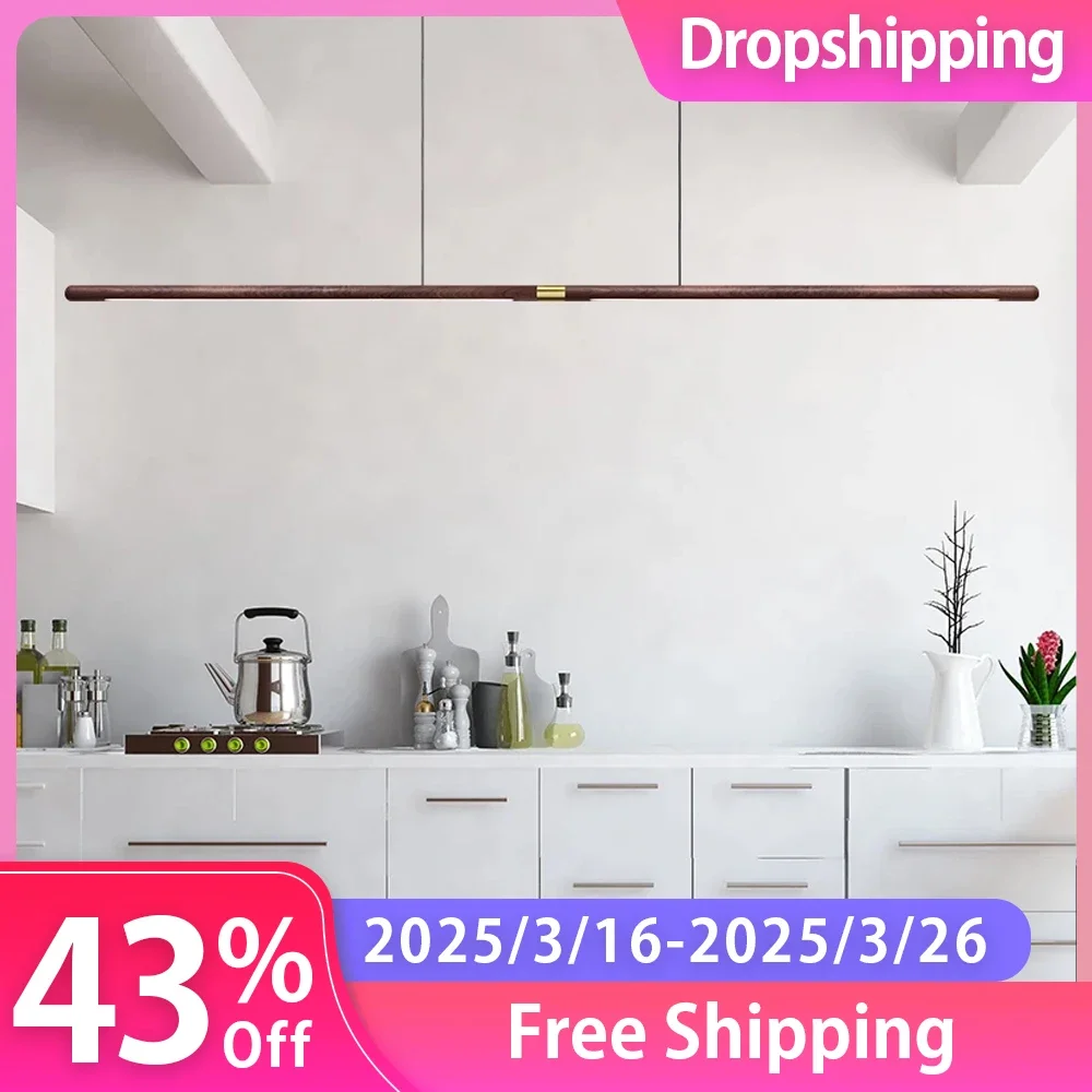 

220cm Solid Wood LED Pendant Lights Long Strip Hang Lamp 3 Colour Dimming Black Walnut Kitchen Island Lighting for Dinning Room