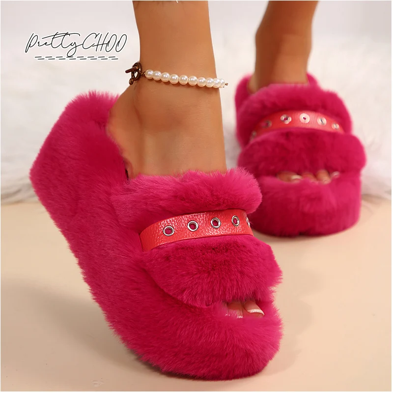 

Luxury Rose Pink Fur Slide Mules Woman High Platform Wedge Fluffy Sandals Ladies Brand Design Plush Outdoor Slipper Shoes