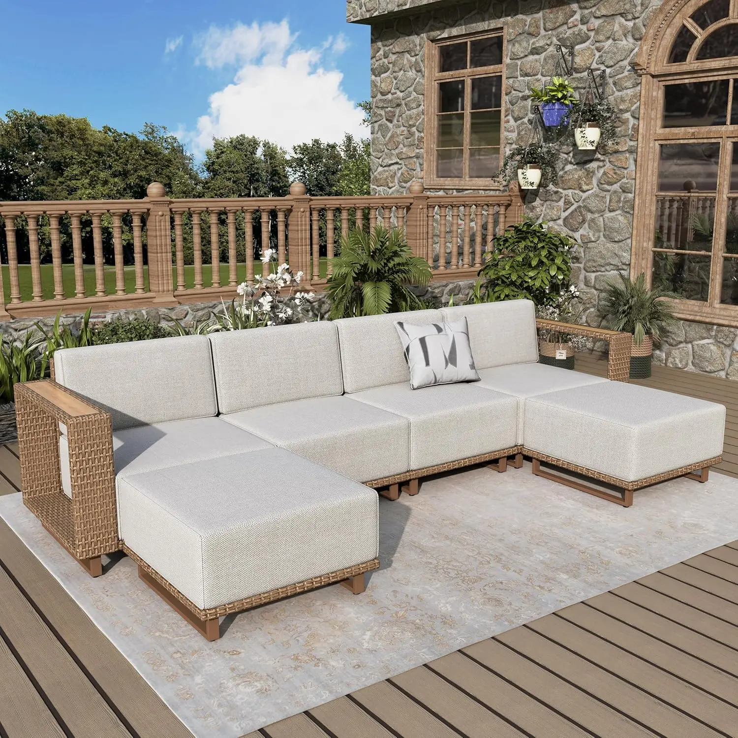 6 Piece Outdoor Wattan Sectional Sofa Extra Thick Cushions Lawn Deck Garden Patio Furniture Set Customized
