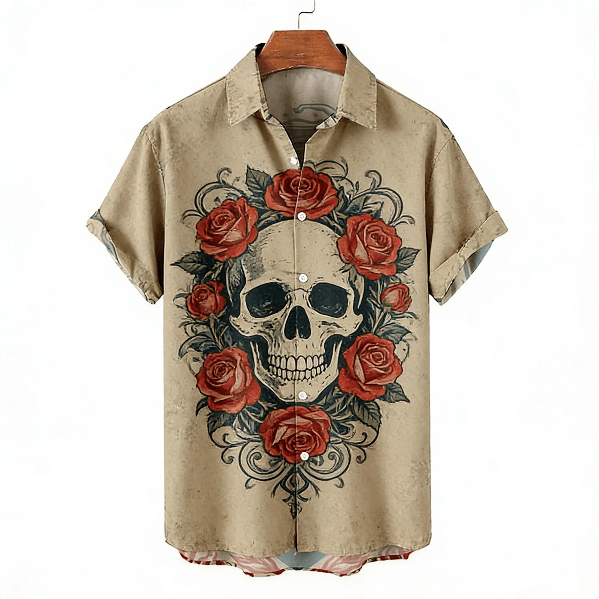 Men's Summer Casual Shirt with Retro Crow and Snake Tattoos, Featuring A Nautical Themed Printed Top and A Retro Street Style