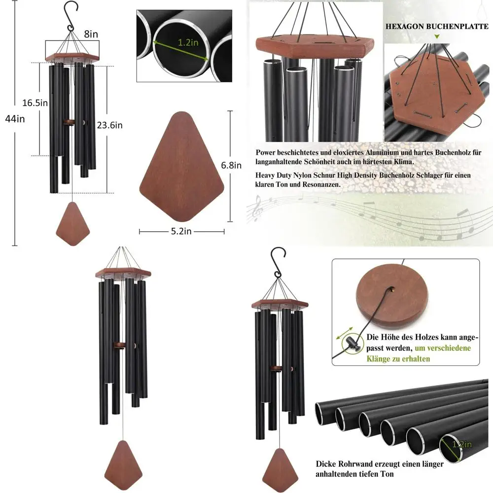

44-Inch Deep-Tone Black Outdoor Memorial Wind Chimes for Home & Garden, Perfect Gift for Special Occasions