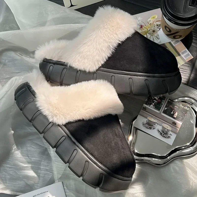 2025 Vrouwen Indoor Pluizige Slippers Dikke Zool Winter Warme Schoenen Voor Koppels Zacht Bont Warm Houden Vrouwelijke Mannelijke Huis vloer Slipper