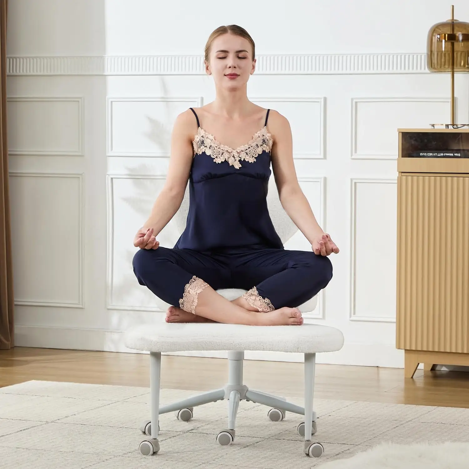 Ergonomic Cross Legged Chair with Wheels, 360° Swivel Meditation Chair, ADHD Chair, Criss Cross Desk Chair with Lumbar Support, Ivory view 3