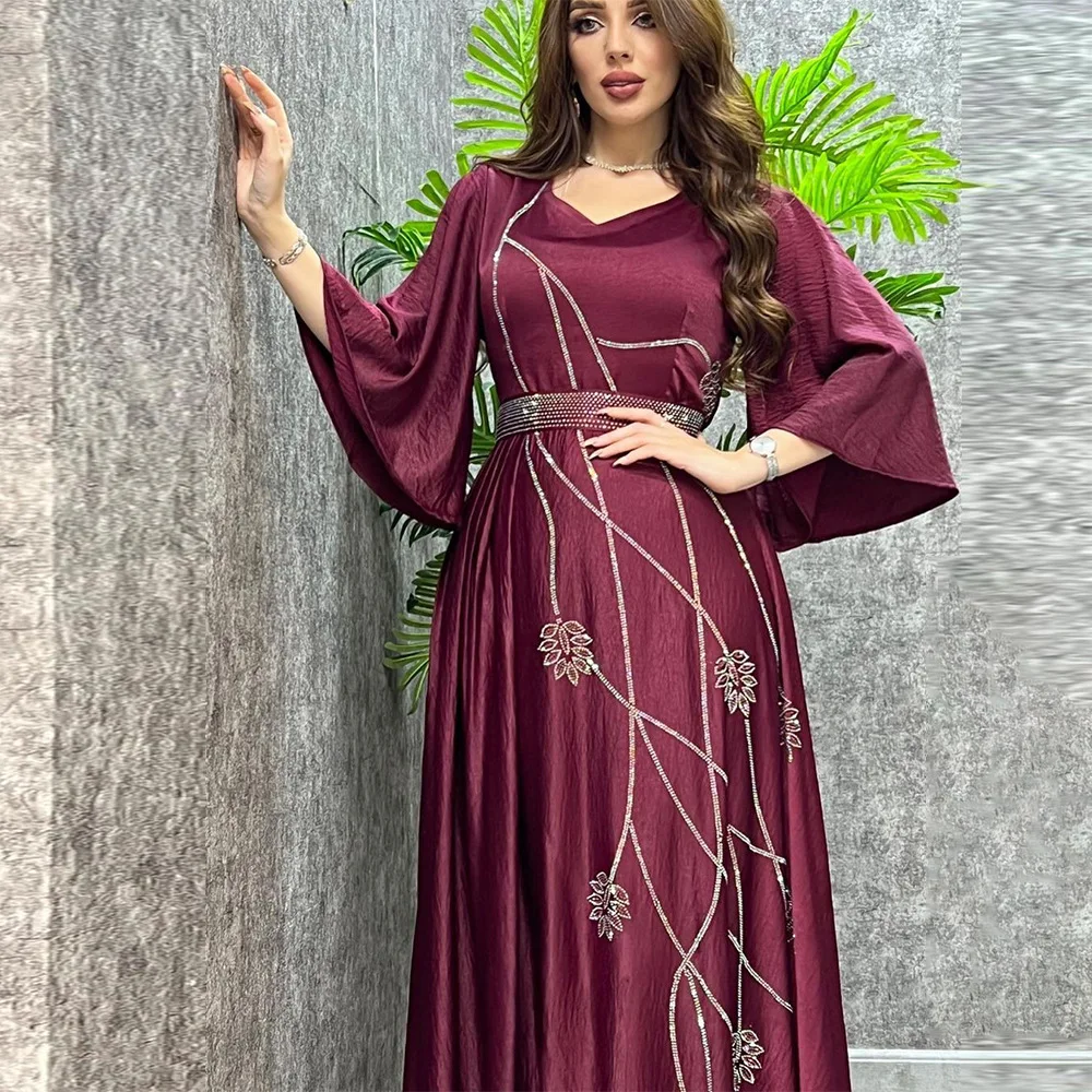 

Eid Mubarak Djellaba Femme Diamonds Abaya Women Muslim Evening Party Dress Dubai Turkey Kaftan Belted Jalabiya Islamic Robe Gown