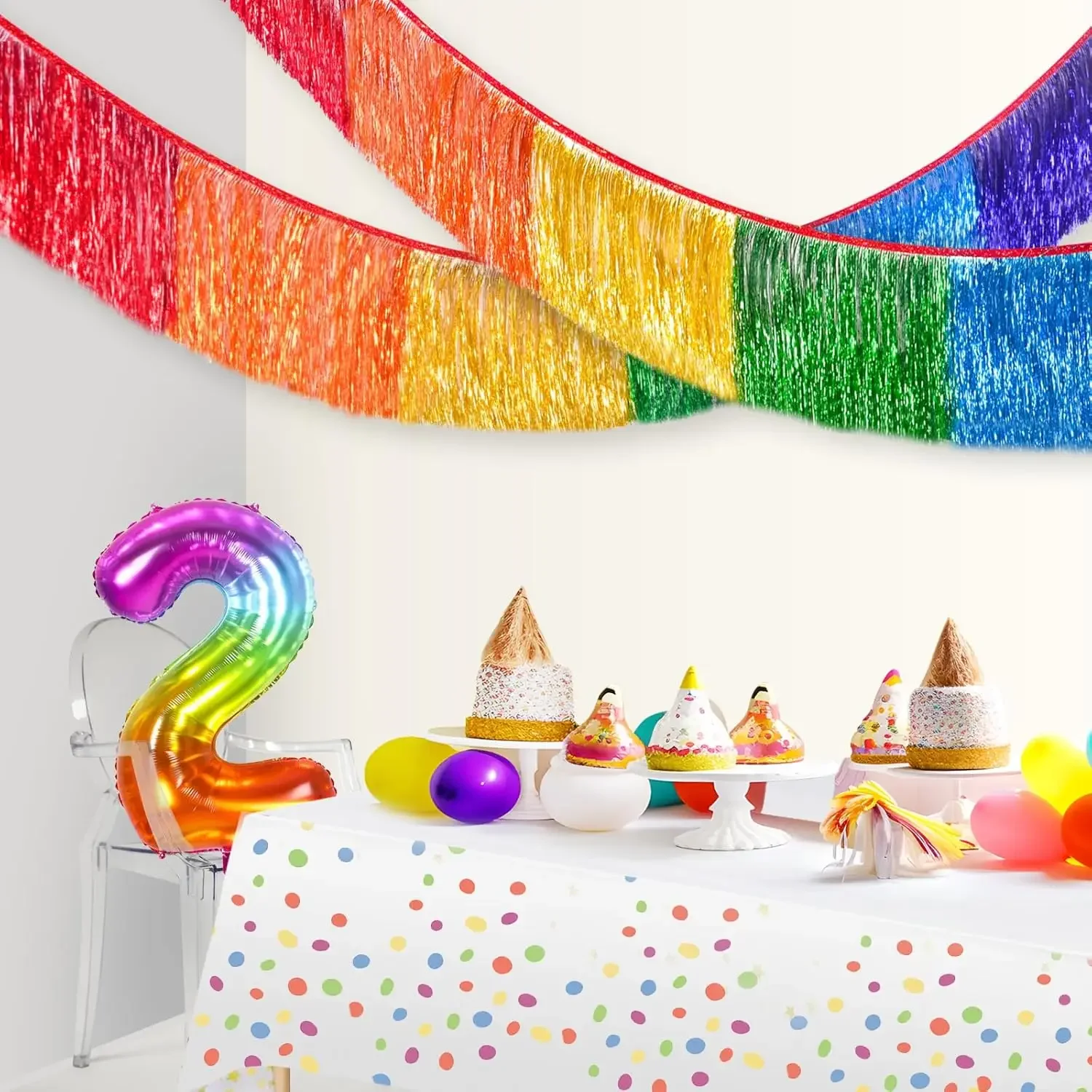 6 Feet Rainbow Tinsel Metallic Glitter Banner Table Skirts for Birthday Wedding Christmas Pride Month Parade Floats Decor