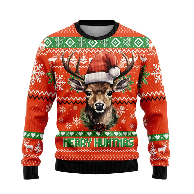 Fashion Deer Graphic Ugly Christmas Sweater Vintage Holiday Xmas 3D Animals Printed Sweatshirt Casual Harajuku Kids Pullovers