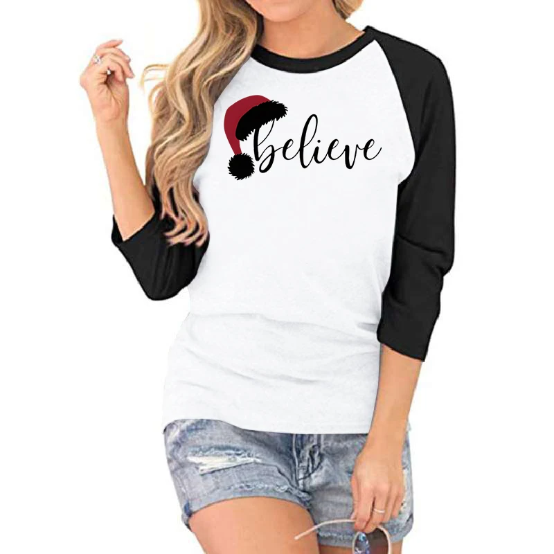 Christmas Believe Seven-quarter Sleeve T-shirt Women Trendy Festive Three Quarter Sleeves for Women Christmas Hat Woman T-shirts