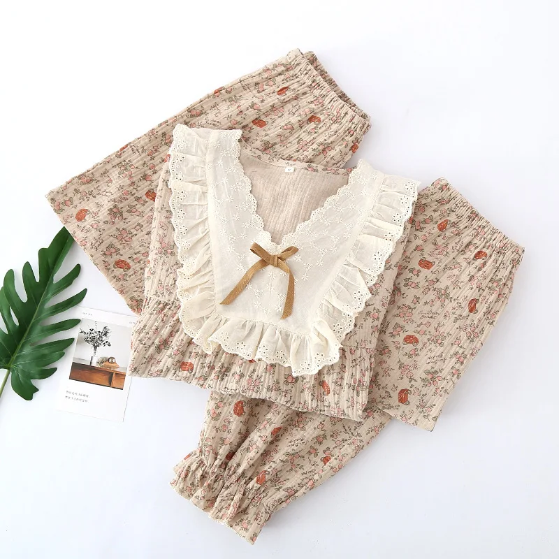 

French vintage rose elegant women's pajamas cotton home wear three-piece set loose short-sleeved pants and shorts women's pajama