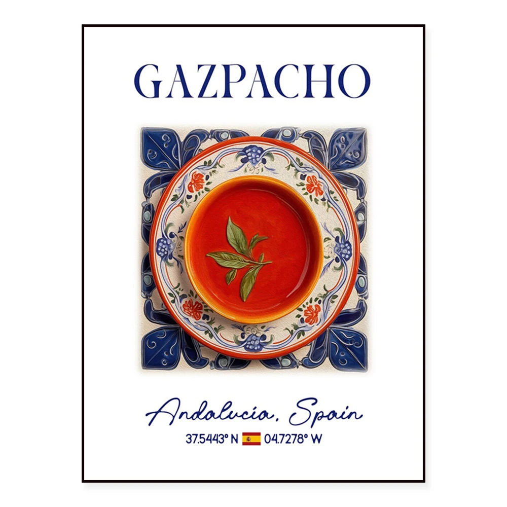 Patatas Bravas, BEIGNETS, GYROS, GAZPACHO, Traditional Italian, Spanish, Greek cuisine, Blue Azulejo tiles, Kitchen cafe poster