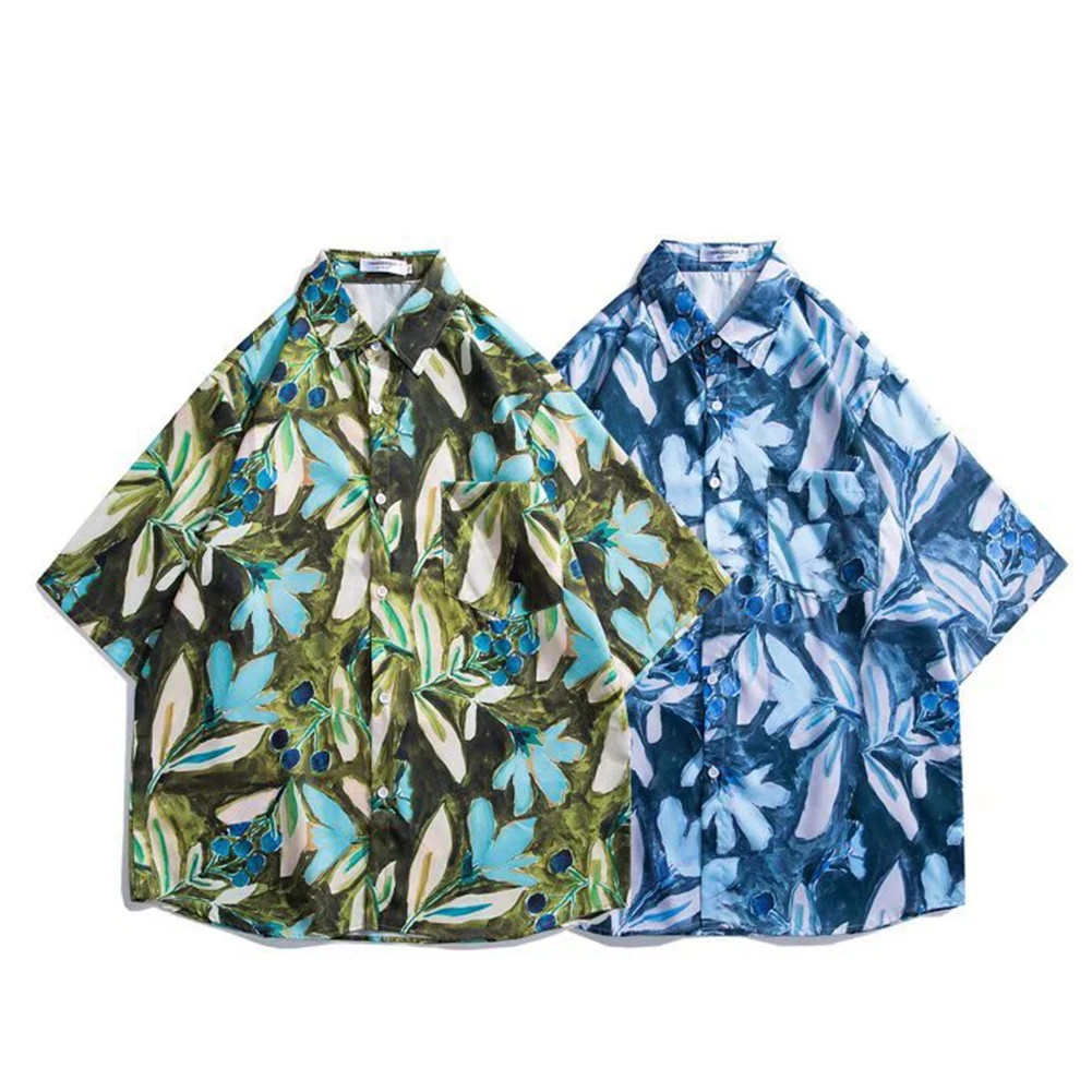 Camiseta de mangas curtas masculina, impressão retro de flores havaianas, camisa de praia, lapela solta cardigan, tops de verão, venda por atacado