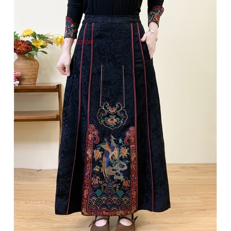 

2025 китайская традиционная юбка трапециевидной формы с цветочной вышивкой, ретро эластичная талия, хлопковая льняная жаккардовая юбка, восточная винтажная юбка