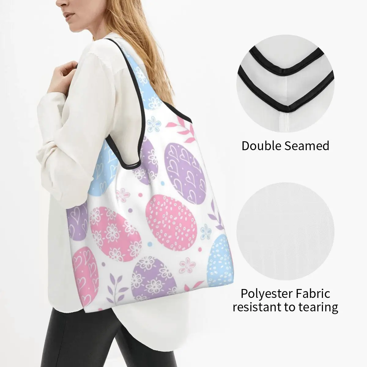 Reusable Happy Easter Eggs Grocery Bags Foldable Machine Washable Shopping Bag Large Eco Storage Bag Lightweight