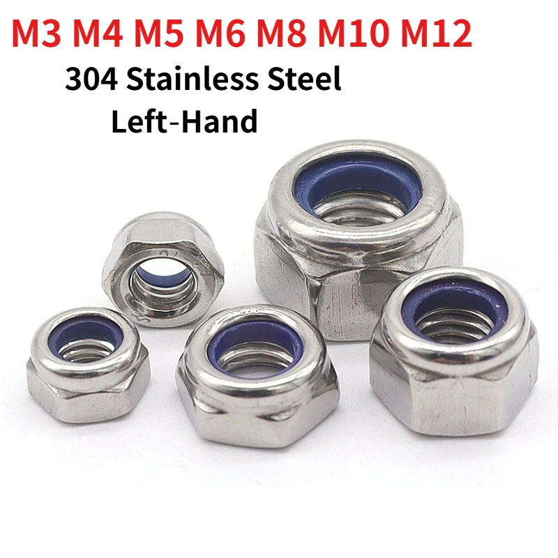 304 Stainless Steel Left Hand Thread Nylon Insert Lock Nut DIN985 Reverse Thread Self‑locking Anti‑Vibration Locknut M3 - M12