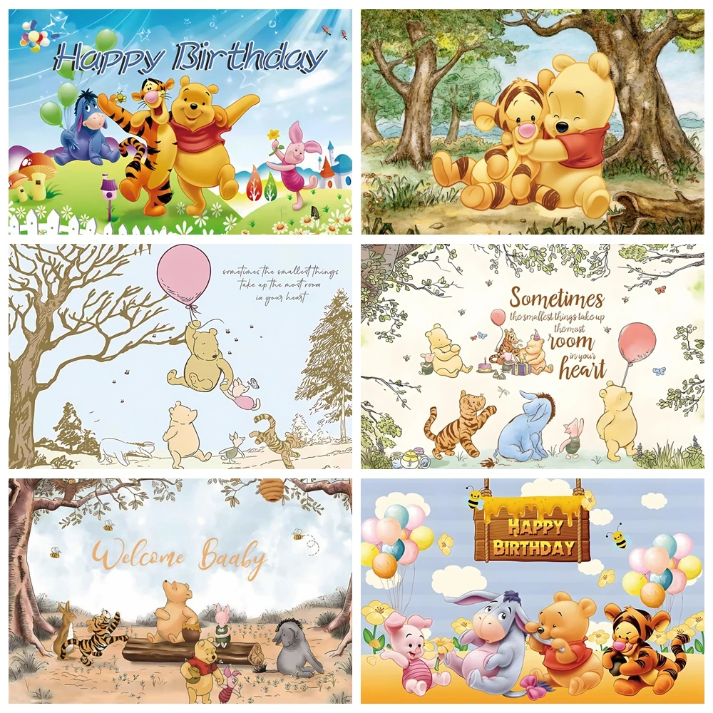 

Disney Winnie The Pooh Backdrop Kids Birthday Decoration Background Bear Friend Tiger Vinyl Polyester Photography Decor Props