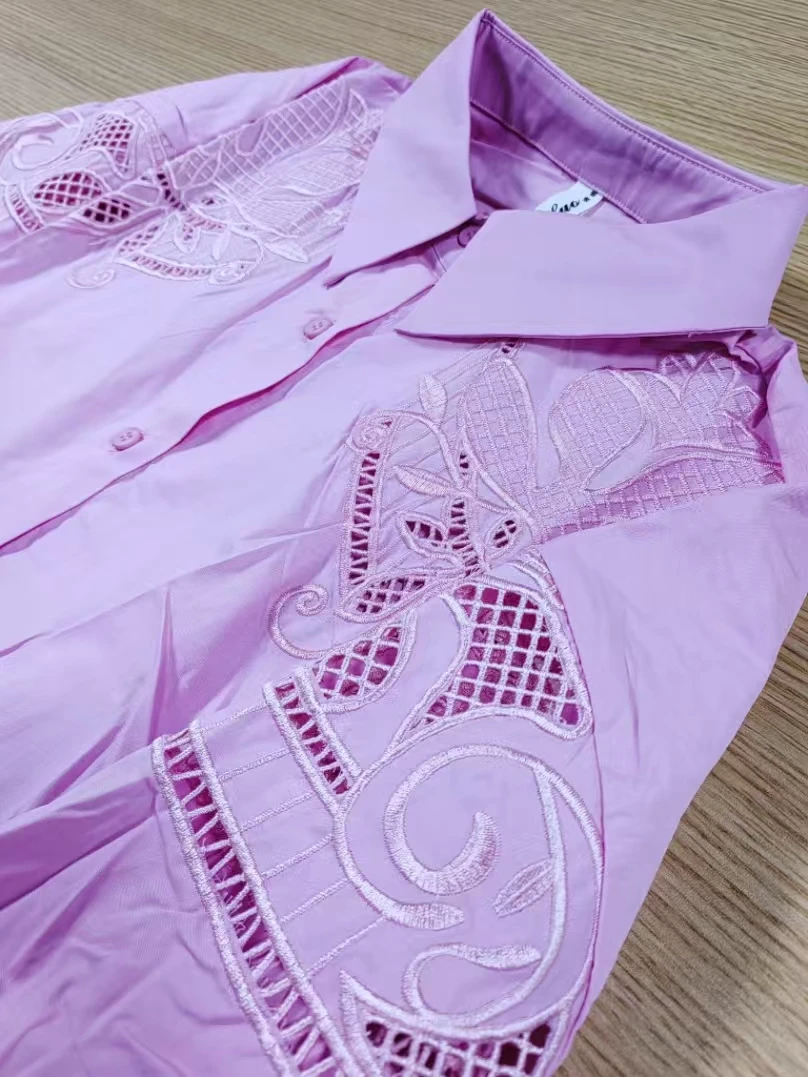 Camicette rosa in cotone con ricamo floreale con foto reali Camicette per top oversize a maniche lunghe da donna Abbigliamento donna