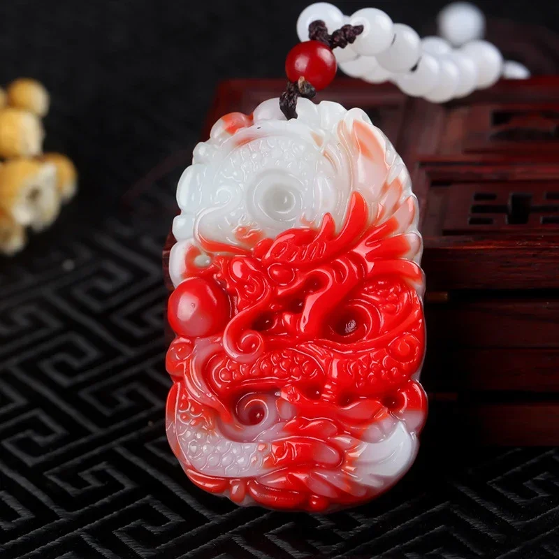 

Natural Chinese Jade Chicken Blood Red Hand-carved Zodiac Dragon Pendant Fashion Jewelry Men's and Women's Color Necklace Gift