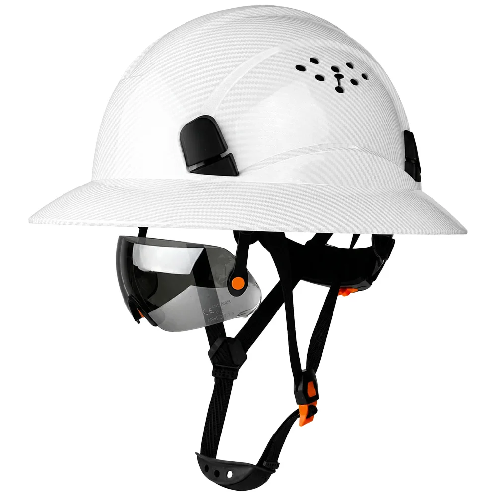 CE ANSI Full Brim Hard Hat with Built-in Tinted Sun Goggles Carbon Fiber Pattern Ventilated HDPE Safety Helmet for Construction