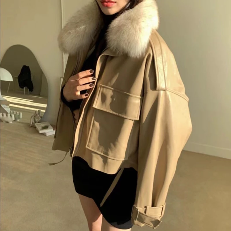 JulyPalette 2022 Autumn Winter Thicken Fleece Short Leather Jacket Fashion Detachable Imitation Fox Fur Collar Women Moto Jacket