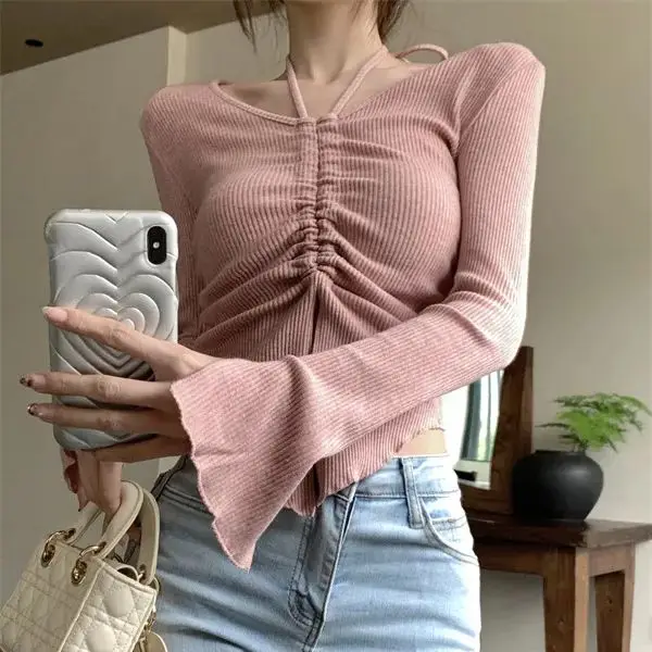 Hot girl v-neck pleated straps pink T-shirt for women autumn design waist slim fit bottoming long-sleeved top