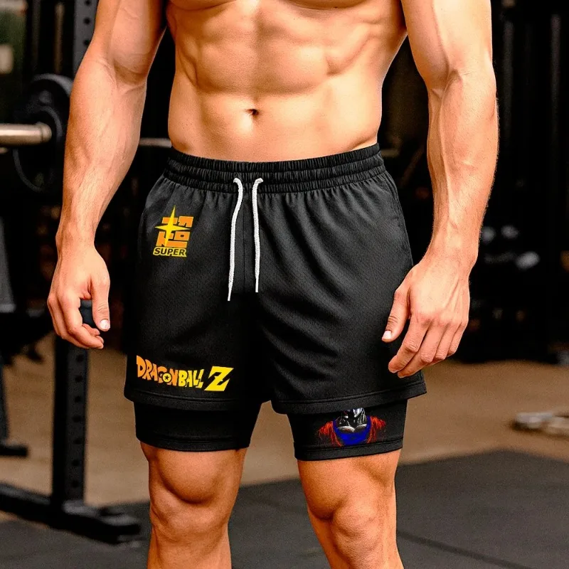 Pantaloncini Dragon Ball 2 in 1 Pantaloncini estivi da uomo con grafica anime giapponese Son Goku Pantaloncini da esterno con tasche Pantaloncini sportivi a due piani da uomo