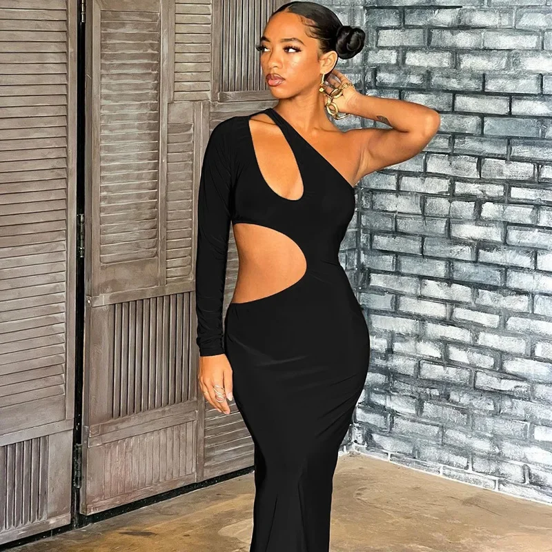WeiYao Sexy Irregular Hollow Out Design Birthday Party Dress Prom Dress Oblique Neck One Shoulder Sleeve Maxi Dresses for Women