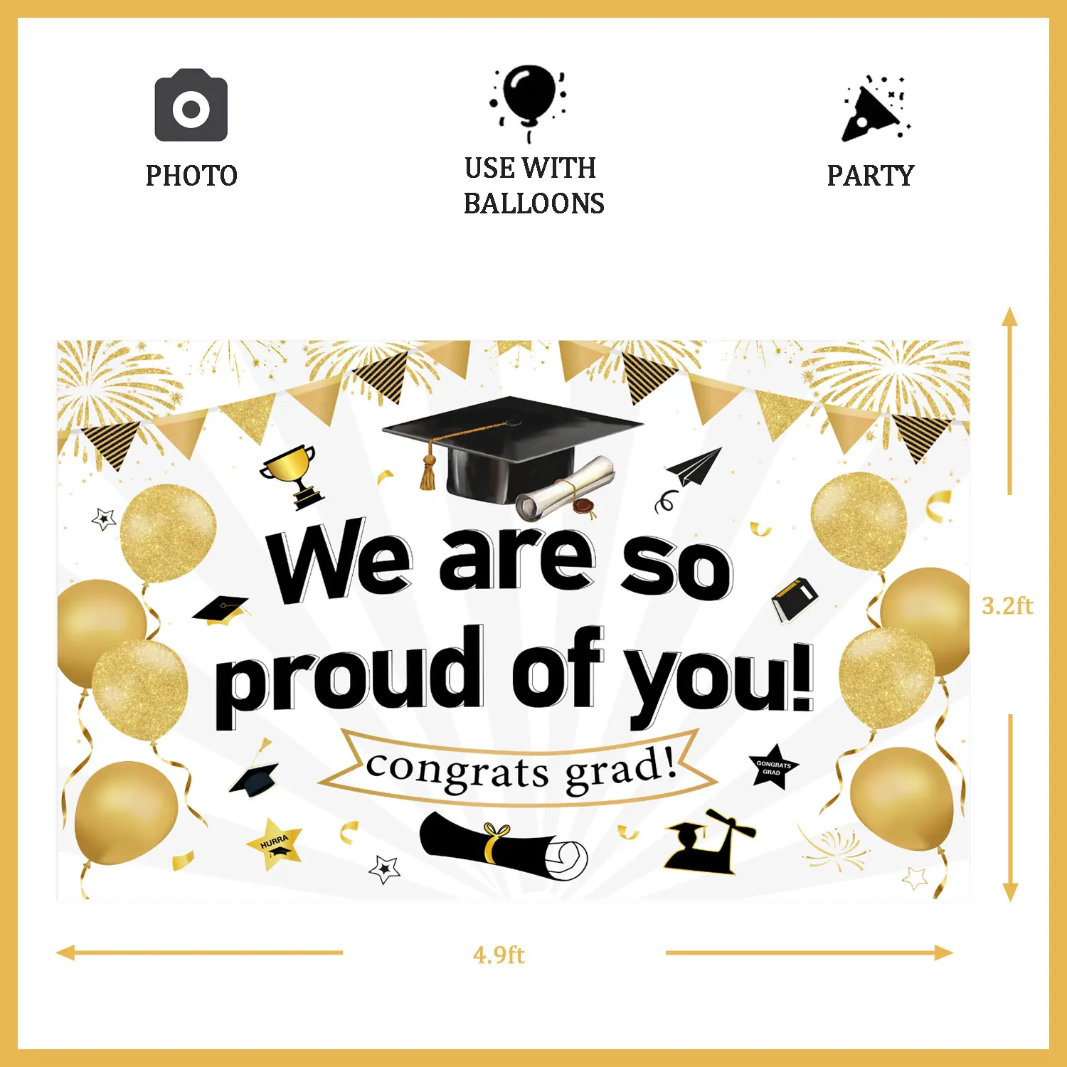 Backdrop Decorations for Teens, We Are So Proud of You Banner, Graduation Party, White and Gold Class of 2023, 2023