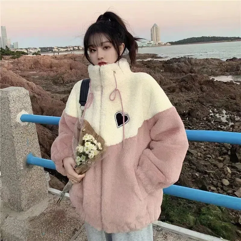 Lamb Fleece Jacket Women's Autumn Winter 2024 New Style For Middle High School Students Korean Version Loose And Thick Spliced