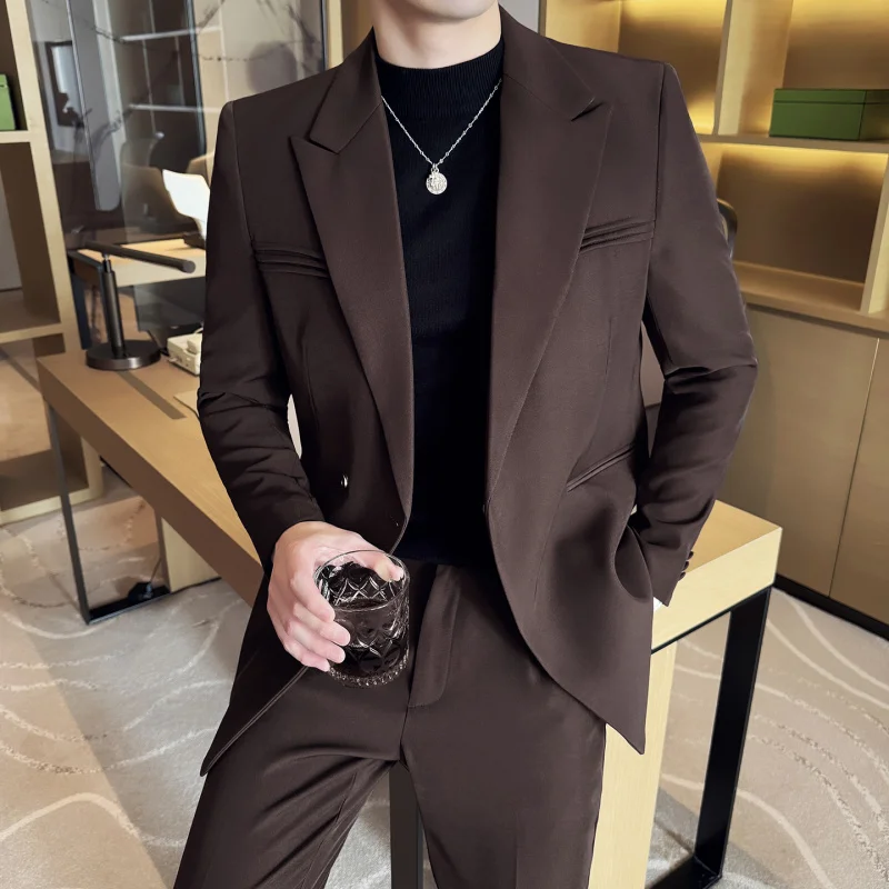 

High-End One-Button Men's Suit Casual Busin Formal Slim Fit Two-Piece Set Sli Polyester Fiber Long Sve Stand Tailor