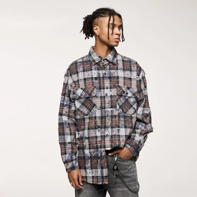 

Men's Long Sleeves Plaid Shirt Distressed Irregular Frayed Edge Shirt Autumn American Street Style Plaid Men's Plaid Shirt RKPM
