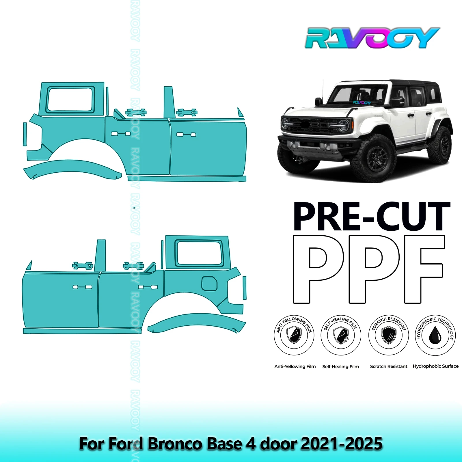 

For Ford Bronco Base 4 door 2021-2025 8.5mil Clear Matte Pre-Cut PPF Door & A/B Pillar Kit TPU Paint Protection Film Set