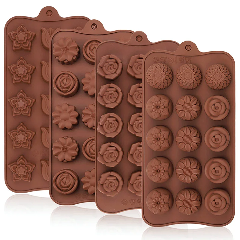 4Pcs Chocolate Molds Set Rose Flower Heart Chocolate Mould Waffle Candy Ice Cube Jelly Handmade Soap Cake Decoration Baking Mold