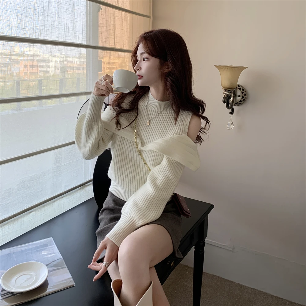 Off Shoulder Pullovers Women Knitwear Jumpers Elegant Half High Collar All-match Slouchy Loose Design Autumn Daily Commuting Ins