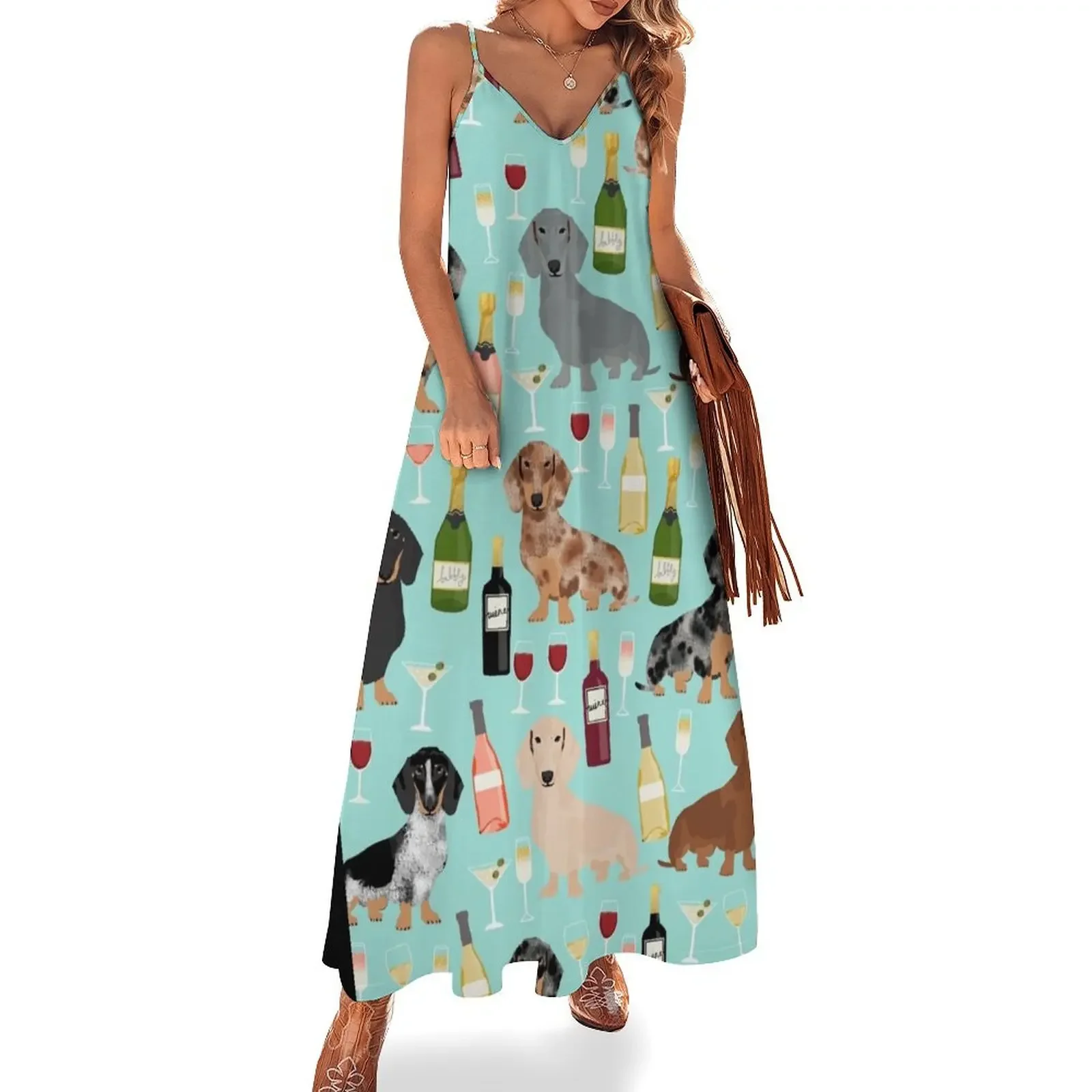 

Dachshund wine cocktails rose doxie dachsie dog breed pattern Sleeveless Dress women formal occasion dresses