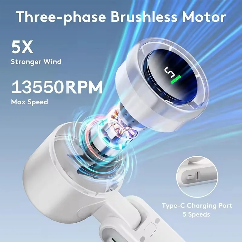 Portable Mini Fan 3600mAh Rechargeable Battery USB Fan Foldable Handheld Fan Turbo Bladeless Small Pocket Fan 5 Gear for Outdoor