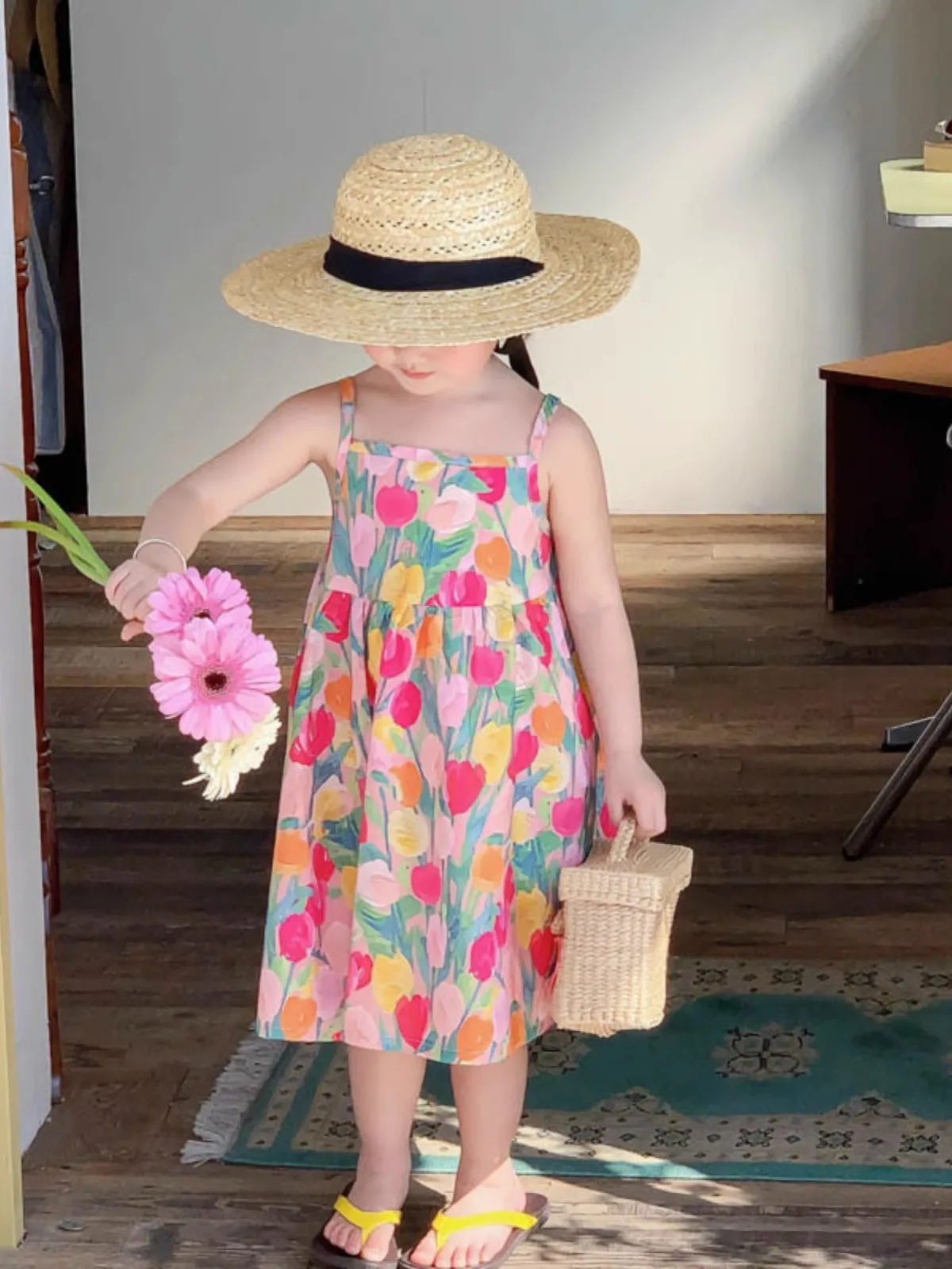 n Beach Dr للفتيات الصيف الكورية Sle حزام سترة Dr عطلة ارتداء الأزهار طباعة قطعتين مجموعة للأطفال