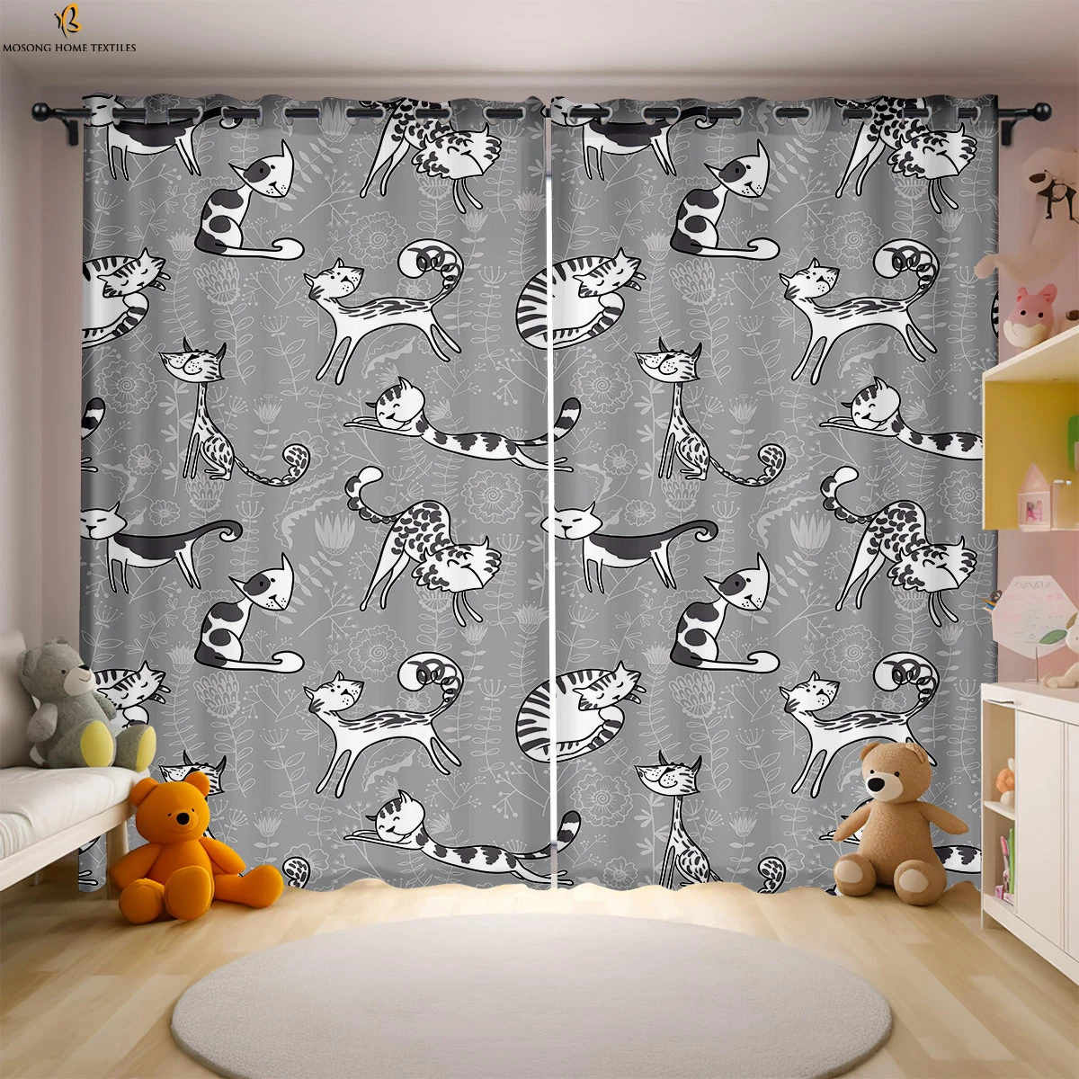 2pcs Cute and Funny Cat Printed Curtains 100% Polyester Bedroom Living Room Kids Room Window Decoration Curtains