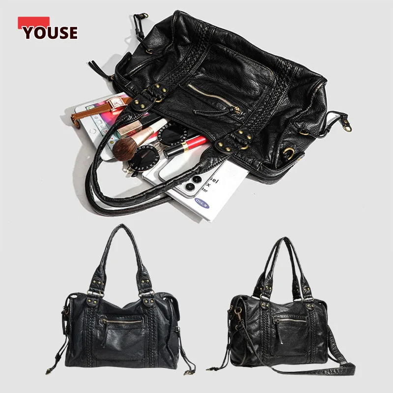 

​​Braided Trim Black Leather Tote Bag with Gold Rivets & Front Zipper Pocket - Top Handle Work Purse for Women, Briefcase​​ ﻿ ﻿