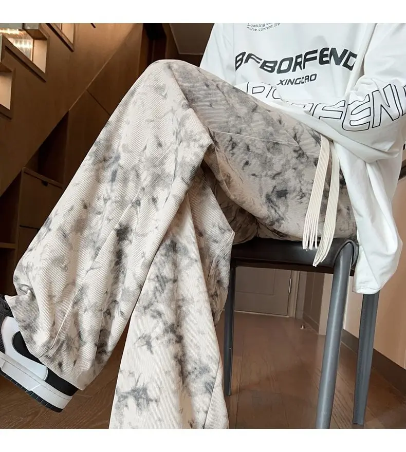 Corduroy Tie-dye Irregular Pants for Men American Loose Casual Sports Wide-leg Trousers