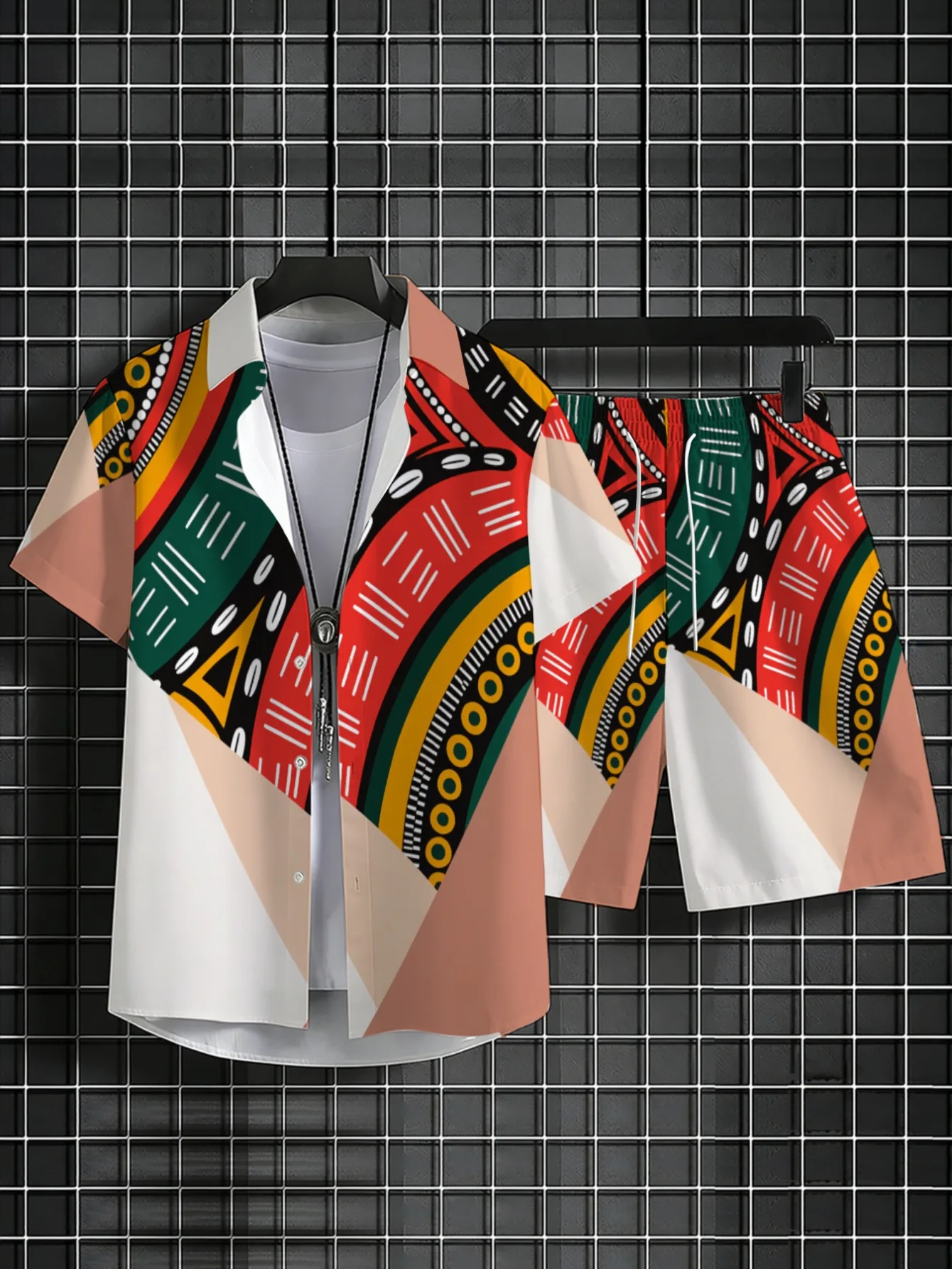 Men African Tribal Geometric Print Two Piece Outfit Short Sleeve Shirt Elastic Waist Shorts Summer Casual Suit